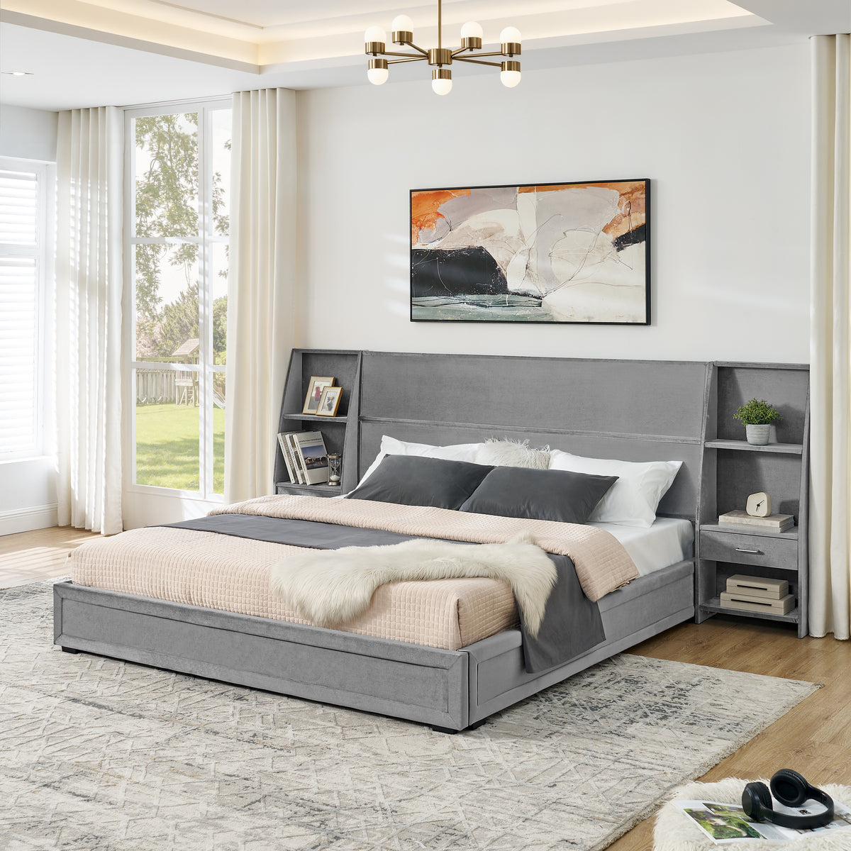 King Size Modern Storage Platform Bed Frame, Glossy Velvet Headboard with Side Bookcases & Drawer, Mattress Excluded-Gray