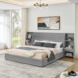 King Size Modern Storage Platform Bed Frame, Glossy Velvet Headboard with Side Bookcases & Drawer, Mattress Excluded-Gray