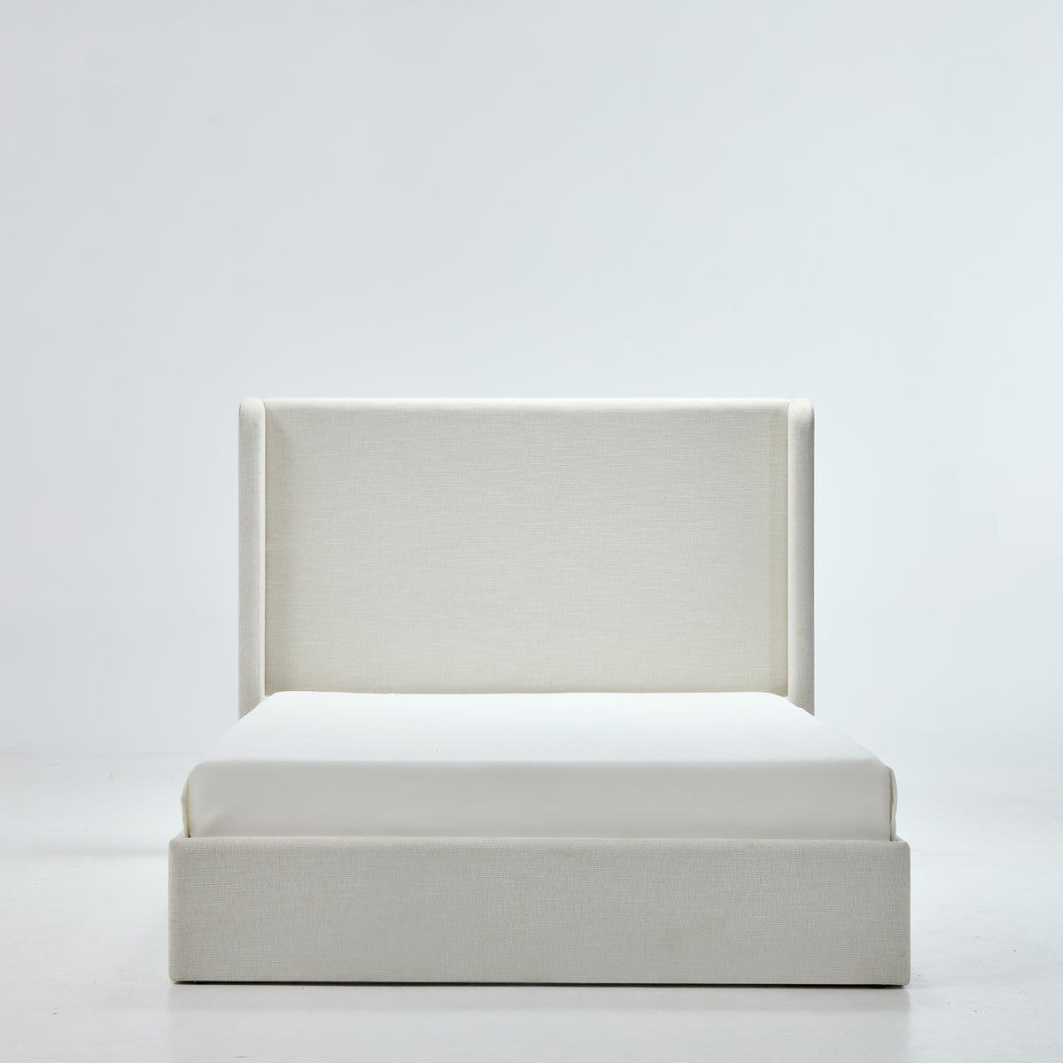 Carmen Upholstered Wingback Bed Frame in Textured Ivory Canvas Chenille with 52' Tall Headboard, Minimalist Design, No Box Spring Needed, California King