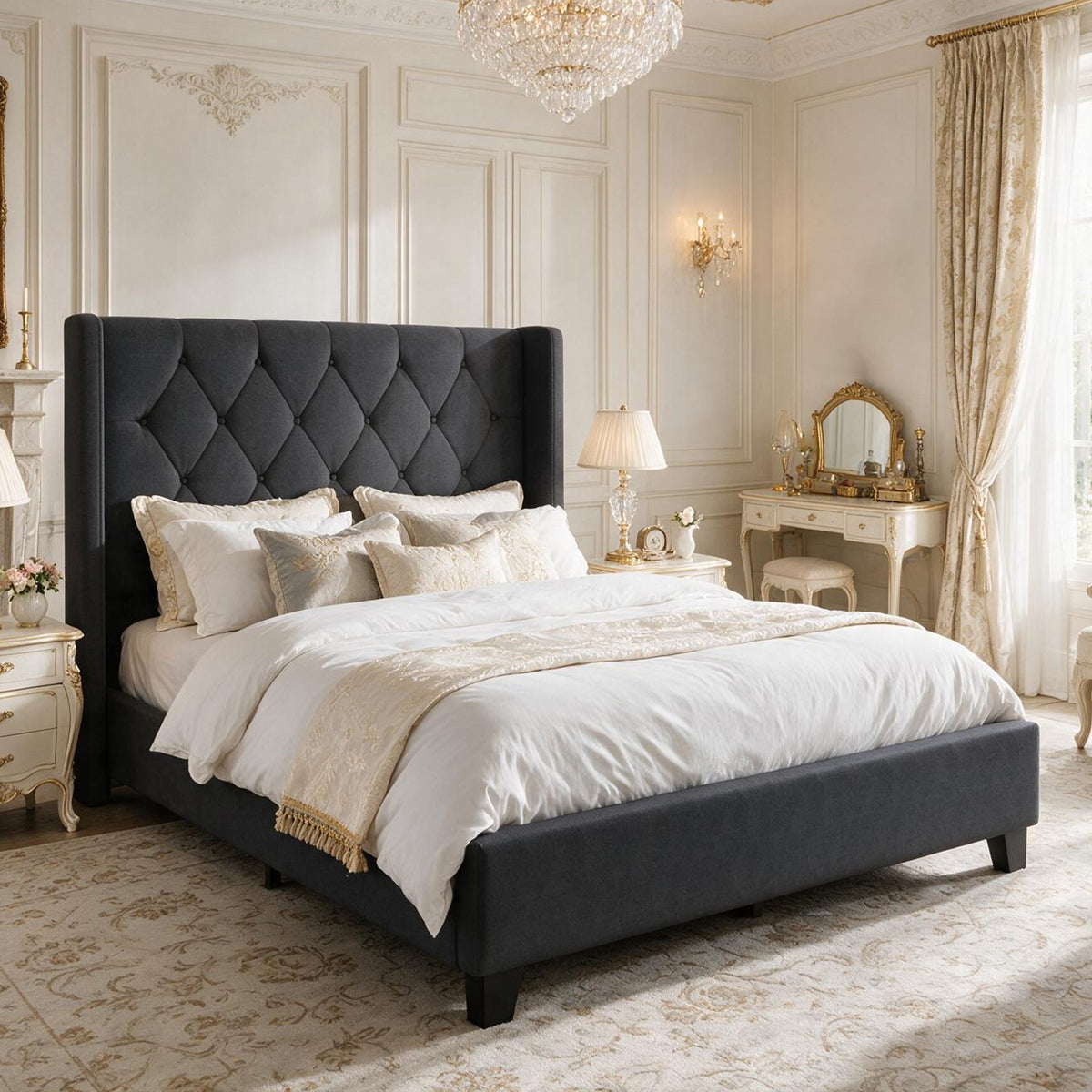 Modern Queen Size Platform Bed Frame with Tufted Velvet Headboard, Black Upholstered Bed with Sturdy Wood Slat Support, No Box Spring Needed, Noise-Free Easy Assembly