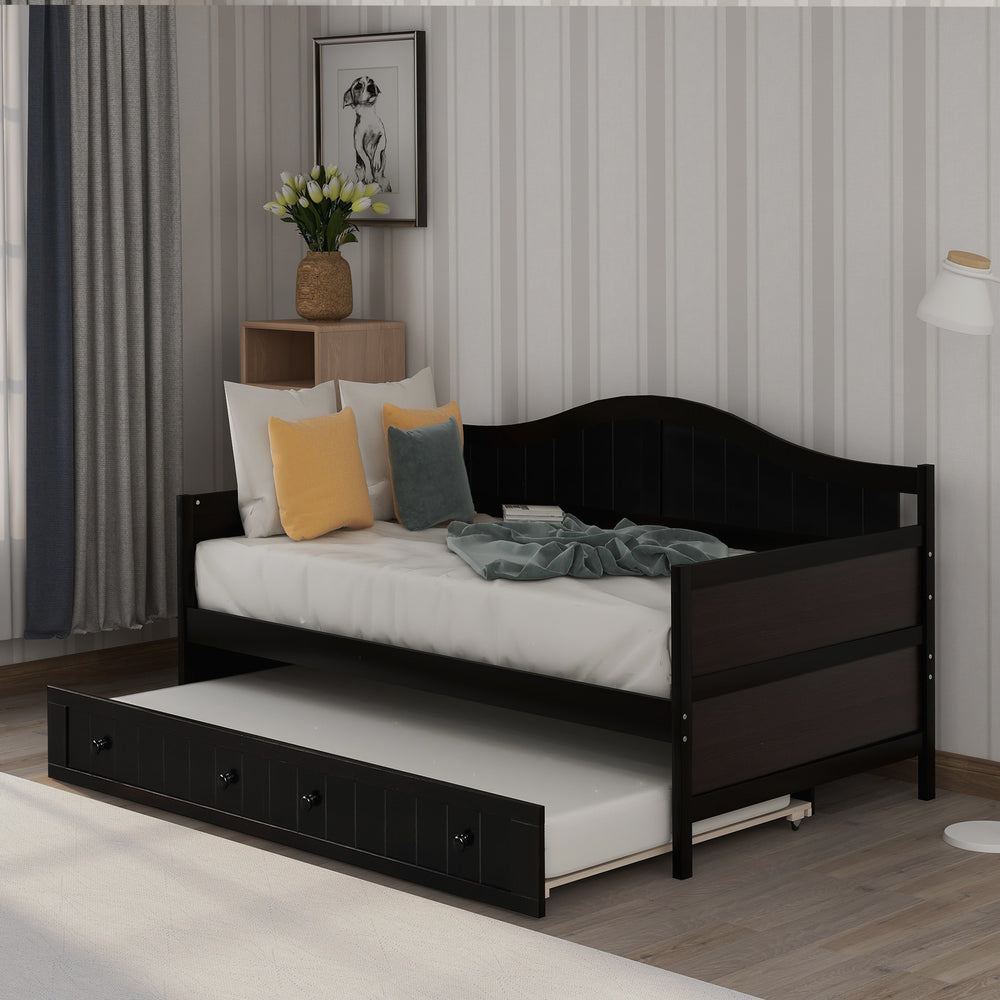 Twin Wooden Daybed with Trundle Bed, Sofa Bed for Bedroom Living Room,Espresso(OLD SKU:WF192861AAP)