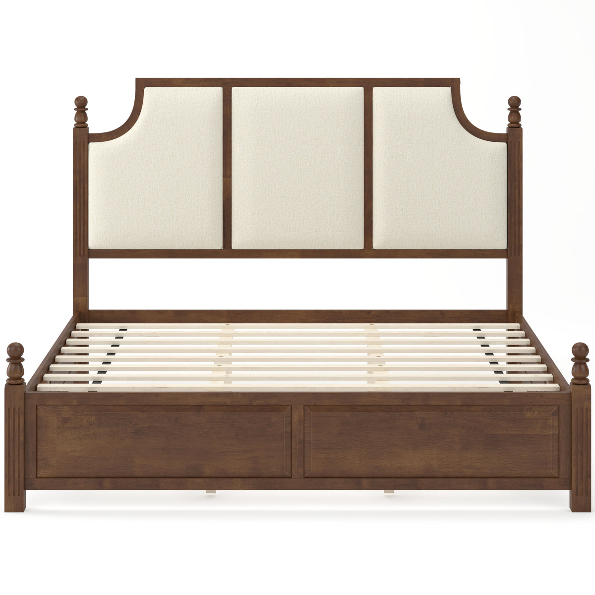 King Size Farmhouse Solid Wood Platform Bed Frame with 50.8' Tall Beige Linen Upholstered Headboard, Decorative Turned Posts, No Box Spring Needed, Walnut