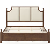 King Size Farmhouse Solid Wood Platform Bed Frame with 50.8' Tall Beige Linen Upholstered Headboard, Decorative Turned Posts, No Box Spring Needed, Walnut