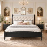 King Size Easy Assembly Upholstered Platform Bed Frame with Soft Padded Headboard, Sturdy Noise-Free Metal Support Beige+Black.