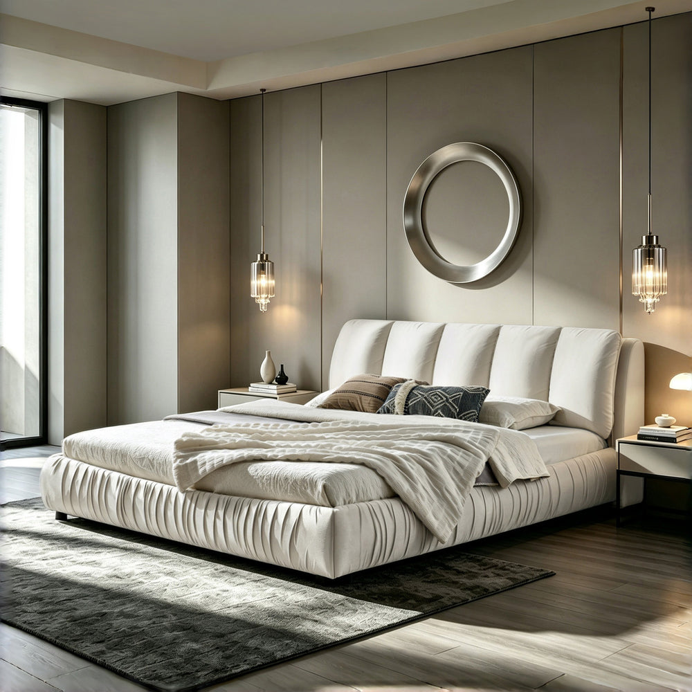King Size Upholstered Bed Frame, Modern Minimalist Style with Segmented Plump Compressed Sponge Headboard, Shiny velvet & Sturdy Leg Support, Mattress Not Included-Beige
