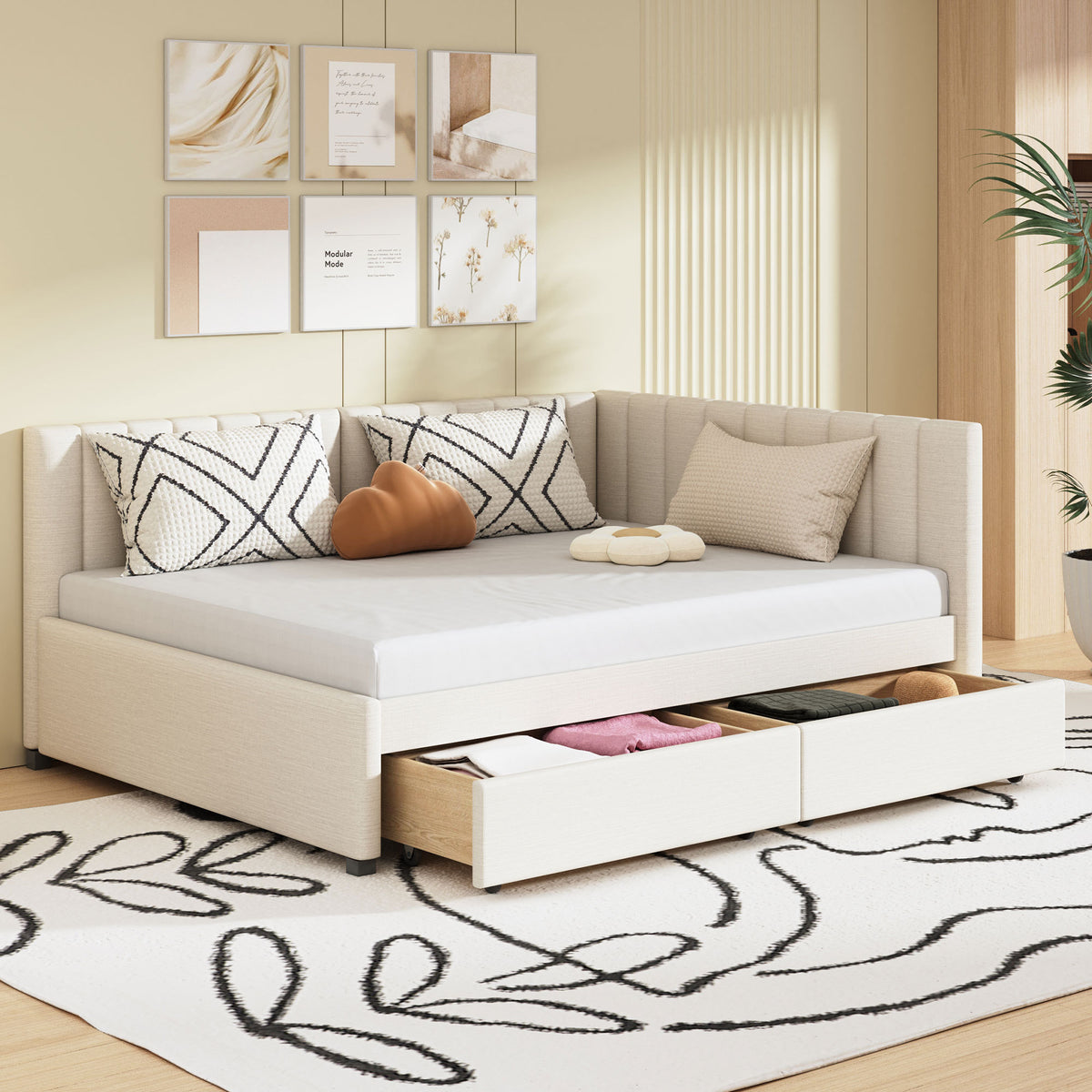 Full Size Upholstered Daybed with 2 Storage Drawers Sofa Bed Frame No Box Spring Needed, Linen Fabric (Beige)(OLD SKU:LP000172AAA

)