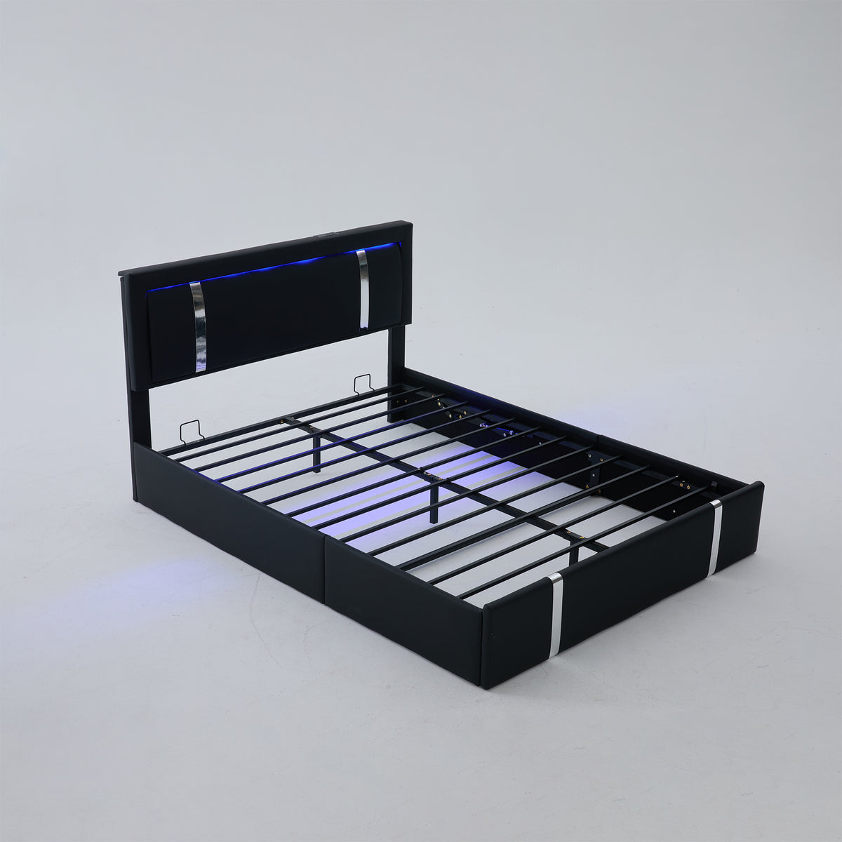 Modern Queen Bed Frame with Adjustable LED Headboard, USB-C Charging, Hydraulic Support, Faux Leather Upholstered Platform Bed in Black