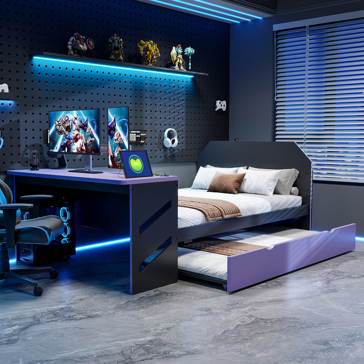 Full Size Wood Daybed with Twin Size Trundle,Desk and USB,Black+Purple