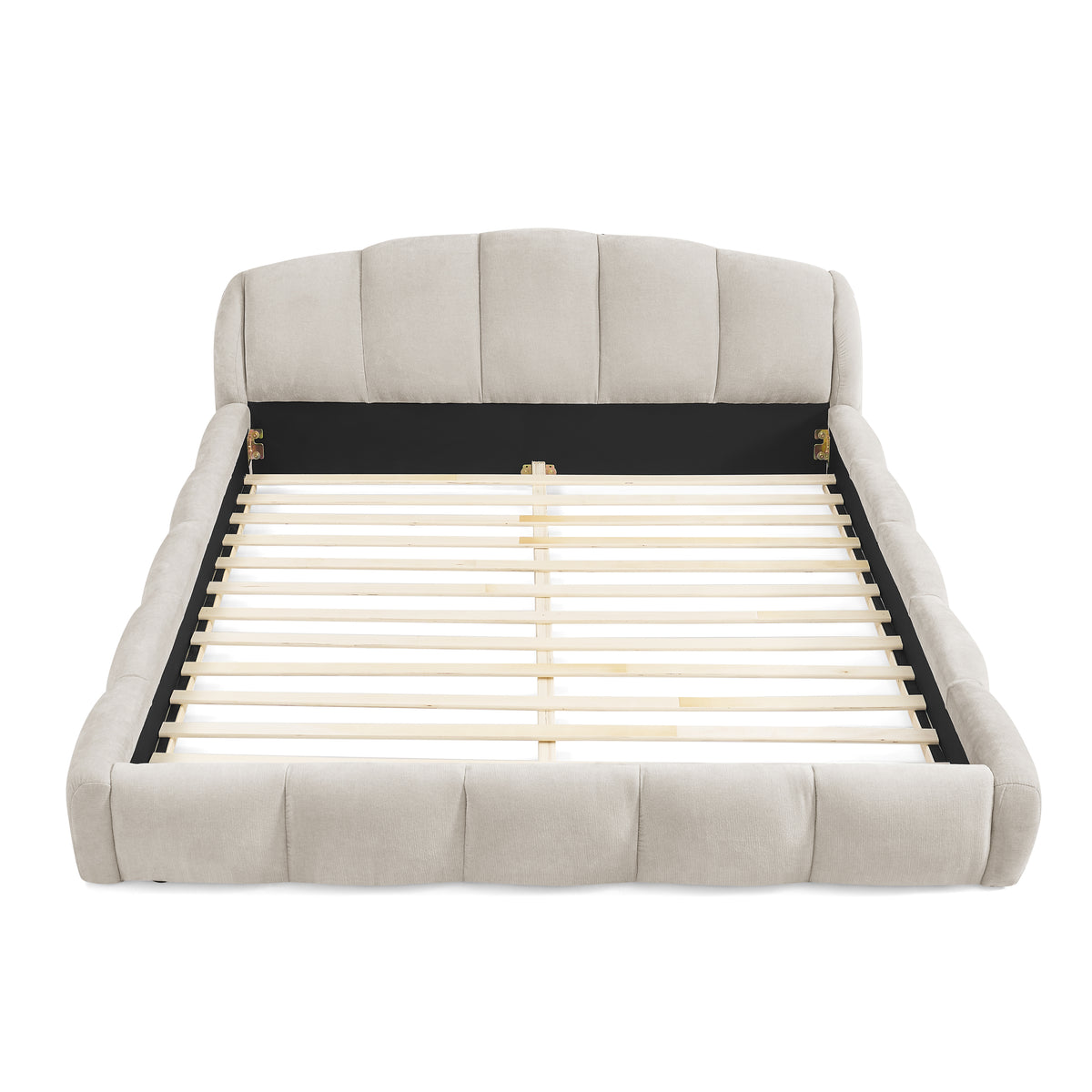 Queen Size Elegant Chenille Upholstered Platform Bed Frame, Thick Curved Headboard & Wrapped Footboard, Low Profile Floor Bed, No Box Spring Required, Easy Assembly, Beige