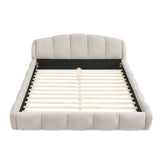 Queen Size Elegant Chenille Upholstered Platform Bed Frame, Thick Curved Headboard & Wrapped Footboard, Low Profile Floor Bed, No Box Spring Required, Easy Assembly, Beige