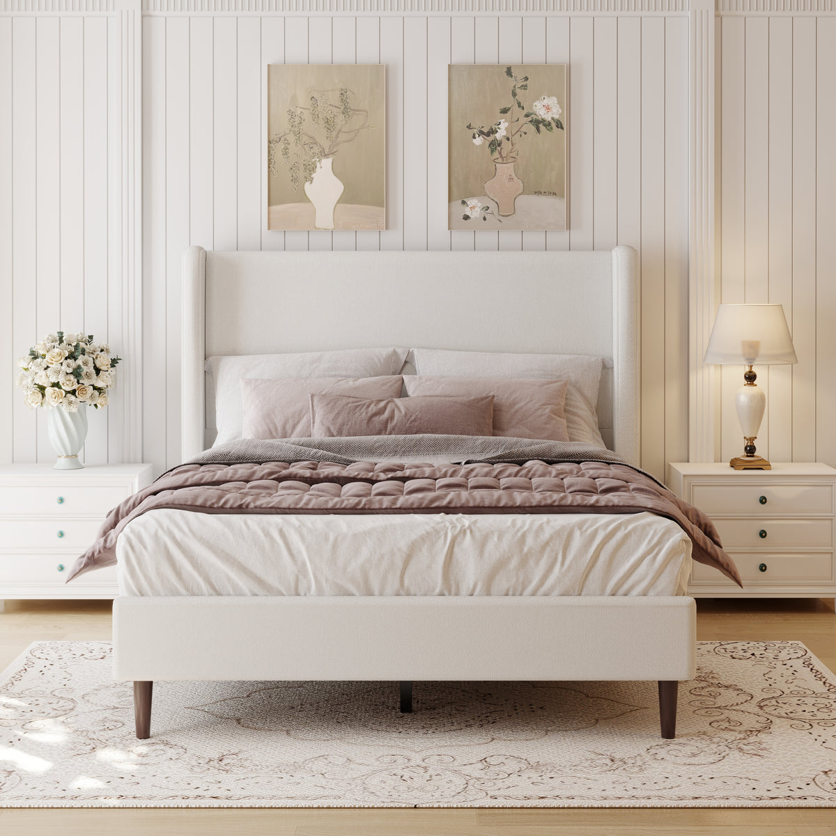High Headboard Upholstered Bed, Queen Size Bed Frame, 12-Slat Support, Easy to Assemble, Ivory White, Chenille Cloth, No Box Spring Needed