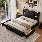 Farmhouse Bed Frame King Size with LED Lights and Charging Station, Wooden KING Bed with 2 Storage Drawers, Rustic Headboard with Sliding Barn Door Storage Cabinets