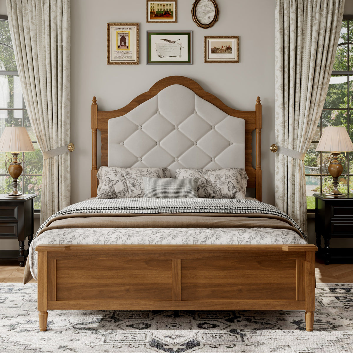 Full Size Bed Frame with Upholstered Headboard, Panel Foot Board, Vintage Mid Century Bed Frame,Full Size Bed Frames,Brown