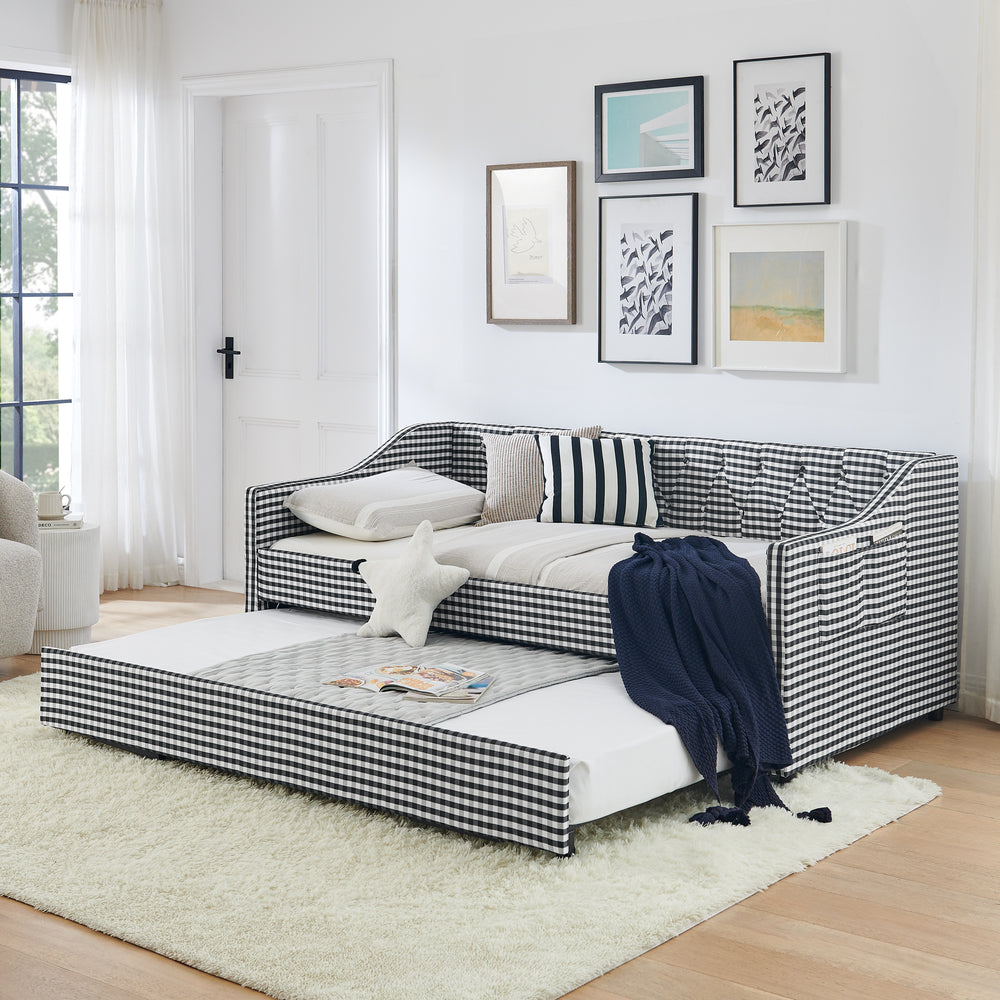 Twin‑Size Daybed,Upholstered Convertible Daybed with Tufted Button Backrest, 3‑in‑1 Versatile Sofa Bed with Pull‑Out Trundle & Side Storage, Perfect for Compact Living-Black