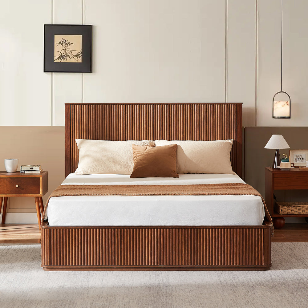Walnut wave pattern wood grain headboard platform bed frame, 44 inch high headboard large bed frame, modern minimalist style, easy assembly, no need for box springs