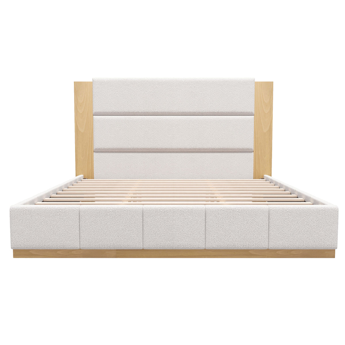 Modern Upholstered Platform Bed Frame with Extended Wood Headboard, King Size, White Boucle Fabric on Wood Base, No Box Spring Needed