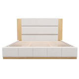 Modern Upholstered Platform Bed Frame with Extended Wood Headboard, King Size, White Boucle Fabric on Wood Base, No Box Spring Needed