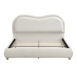 Queen Size Upholstered Platform Bed Frame with Curved Headboard, Oak Solid Wood Legs, Chenille Fabric, Beige, Wooden Slats, No Box Spring Needed, Easy Assembly