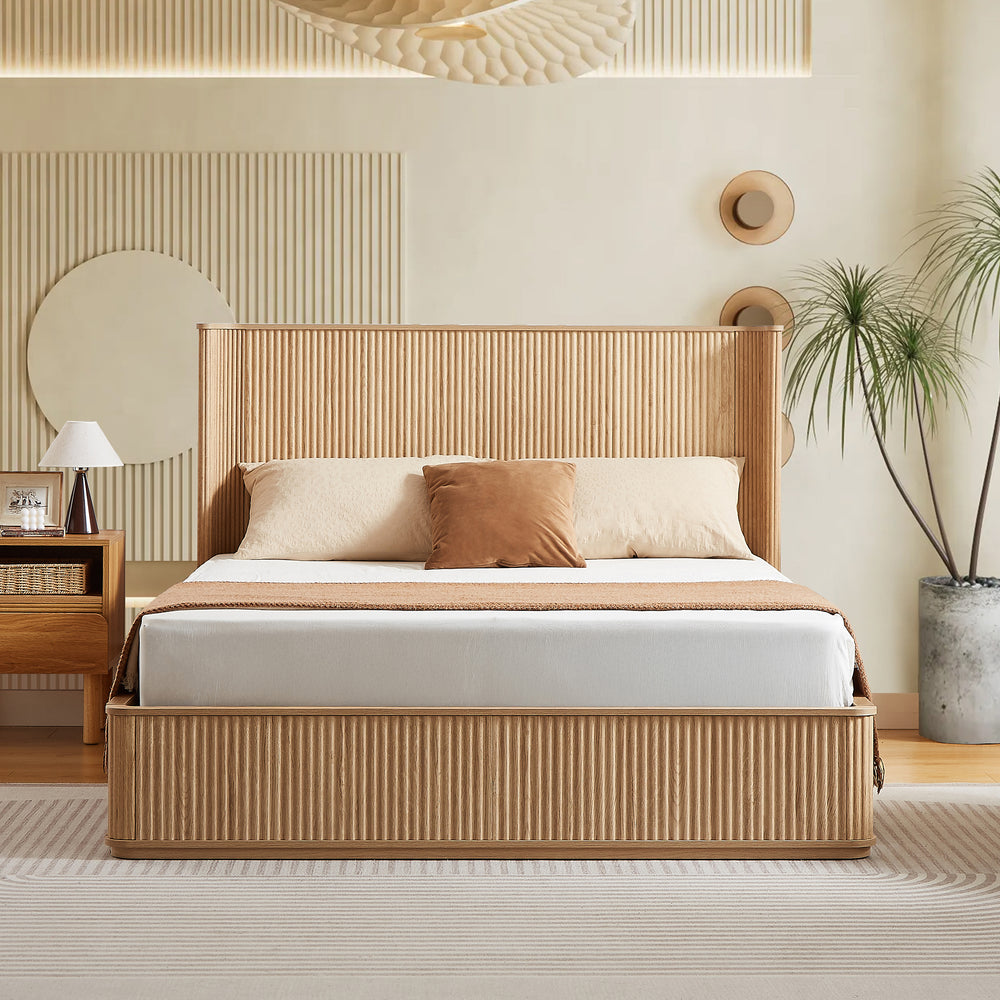 Natural Oak ripple panel curved headboard platform bed frame, 44-inch tall headboard, king size bed frame, modern minimalist style, easy to assemble, no box spring required.Natural Oak