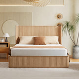 Natural Oak ripple panel curved headboard platform bed frame, 44-inch tall headboard, king size bed frame, modern minimalist style, easy to assemble, no box spring required.Natural Oak