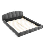 Queen Size Elegant Chenille Upholstered Platform Bed Frame, Thick Curved Headboard & Wrapped Footboard, Low Profile Floor Bed, No Box Spring Required, Easy Assembly, Dark Grey