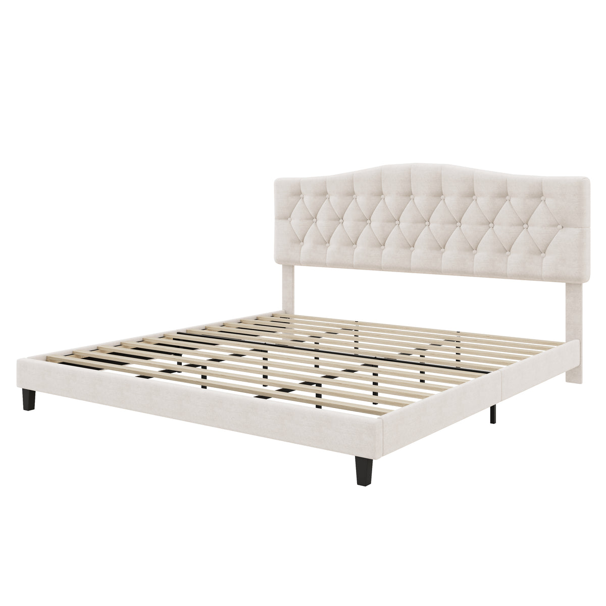 Upholstered Platform Bed with Saddle Curved Adjustable Headboard and Diamond Tufted Details, Wooden Slats and Metal Support, No Box Spring Needed, King, Beige