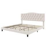 Upholstered Platform Bed with Saddle Curved Adjustable Headboard and Diamond Tufted Details, Wooden Slats and Metal Support, No Box Spring Needed, King, Beige