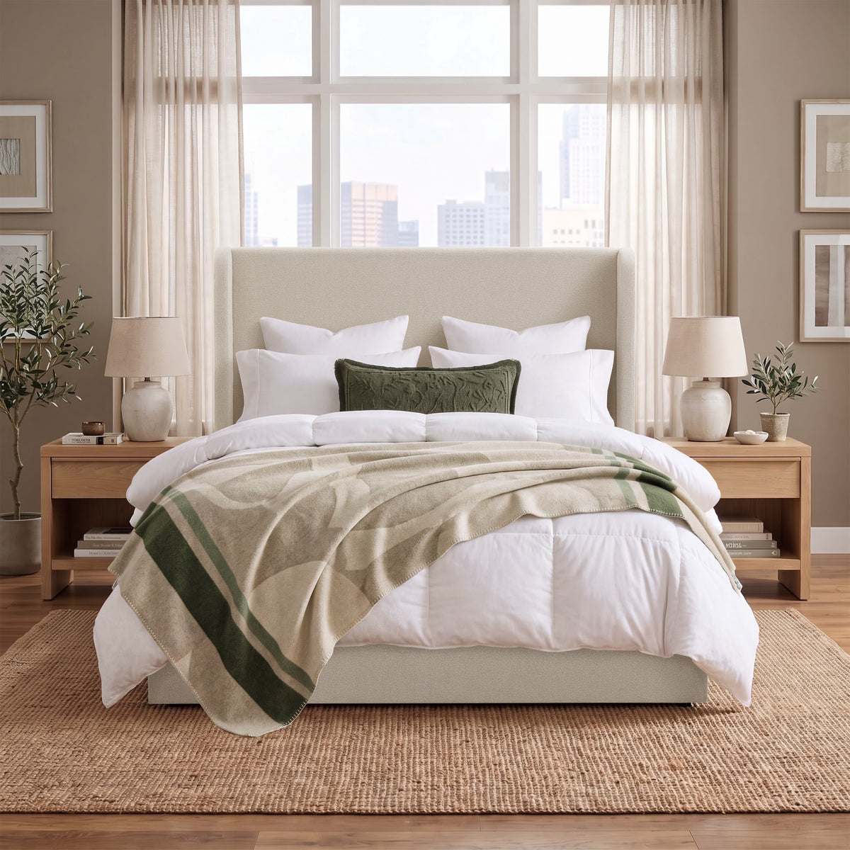 Via Upholstered Wingback Bed / Upholstered Platform Bed Frame / 53.54' High Headboard / Simplicity / Minimalist / No Box Spring Needed / Easy Assembly / Queen/ Ivory  Boucle  / No Noise
