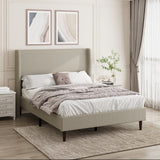 High Headboard Upholstered Bed, Queen Size Bed Frame, 12-Slat Support, Easy to Assemble, Beige, Linen Cloth, No Box Spring Needed