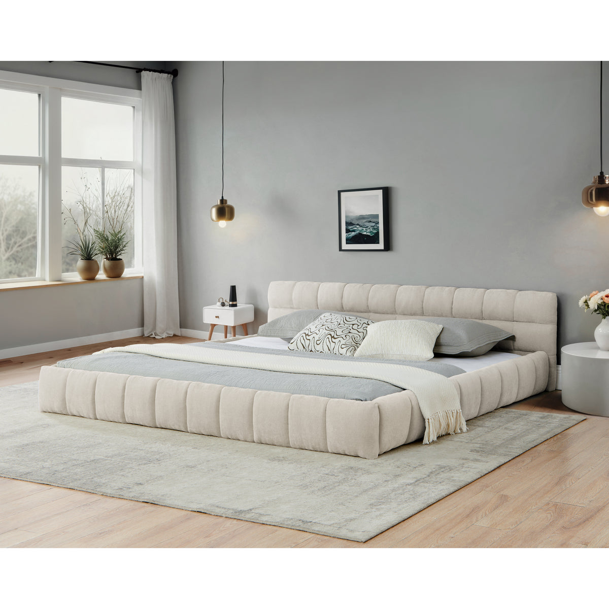 California King size Upholstered Bed Frame with Thick Fabric, Chenille Fabric Grounded Platform Bed with Headboard and Solid Frame. No Box Spring Needed-Beige(90.5''*80.5''*31'')