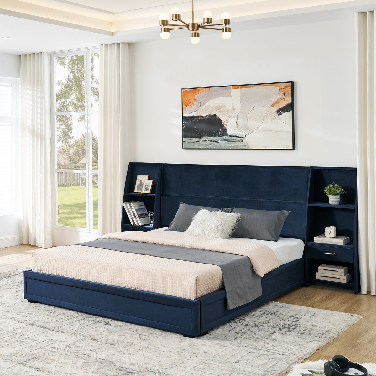 Queen Size Modern Storage Platform Bed Frame, Glossy Velvet Headboard with Side Bookcases & Drawer, Mattress Excluded-Dark blue