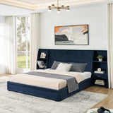 Queen Size Modern Storage Platform Bed Frame, Glossy Velvet Headboard with Side Bookcases & Drawer, Mattress Excluded-Dark blue