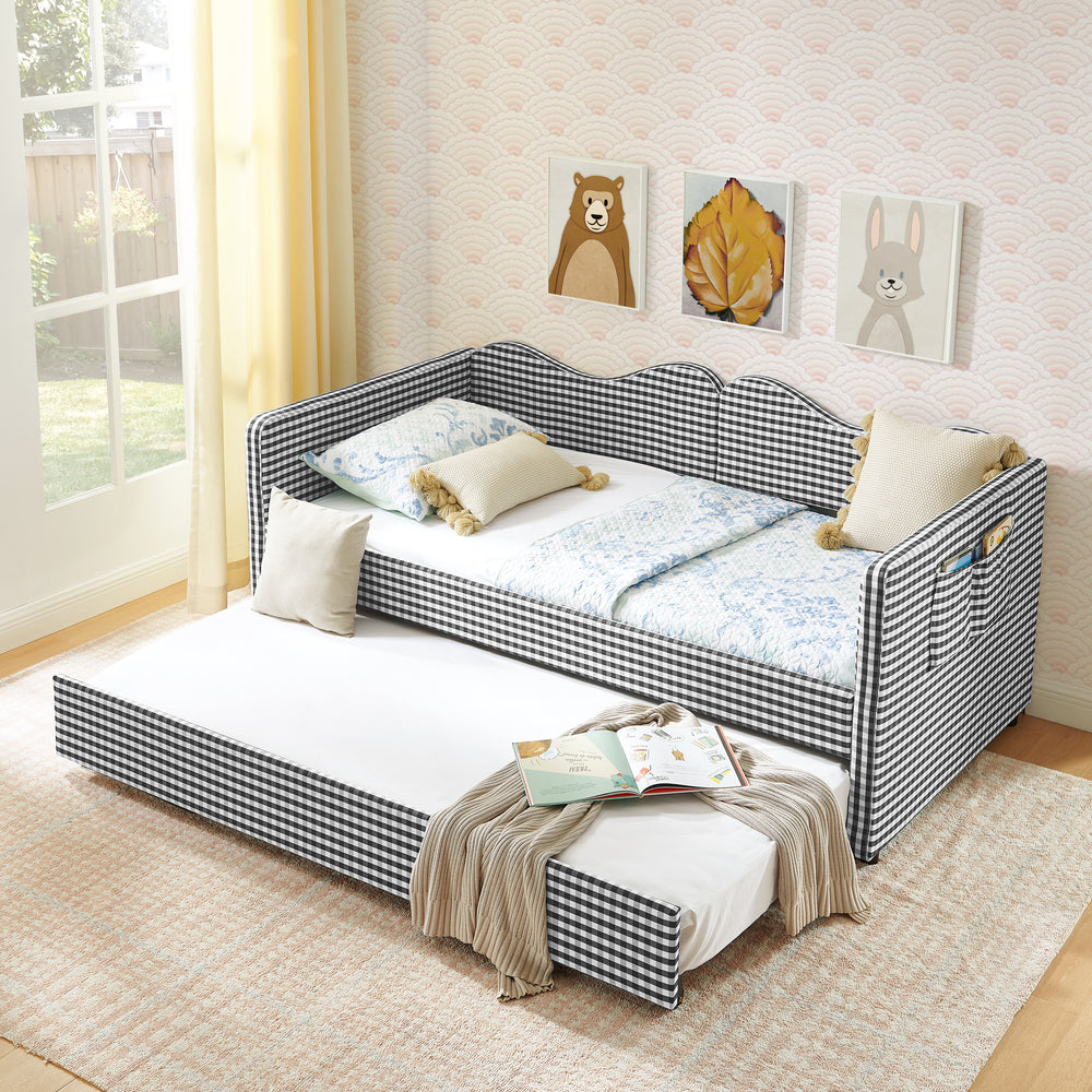 Twin‑Size Daybed,Gingham Upholstered Daybed Equipped with Pull-Out Trundle Bed Frame & Side Storage Pocket, Solid Wood Frame Multi-Functional Sofa Bed for Kids Room & Guest Bedroom-Black