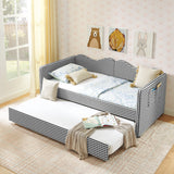 Twin‑Size Daybed,Gingham Upholstered Daybed Equipped with Pull-Out Trundle Bed Frame & Side Storage Pocket, Solid Wood Frame Multi-Functional Sofa Bed for Kids Room & Guest Bedroom-Black