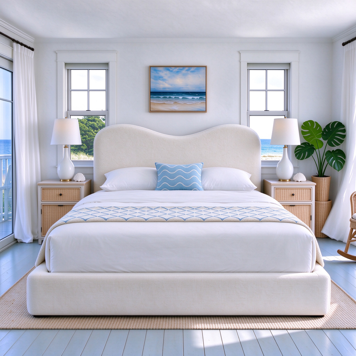 Queen Upholstered Bed Frame with Camelback Curved Headboard, 360° Soft Foam Surround, Low Profile Cloud Bed Frame, No Box Spring Required, Easy Assembly