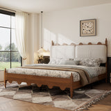 King Size Bed Frame with Upholstered Headboard,Solid Wood Legs,Vintage Scalloped Design,No Box Spring Needed,Heavy Duty Support,Easy Assembly,Walnut Finish