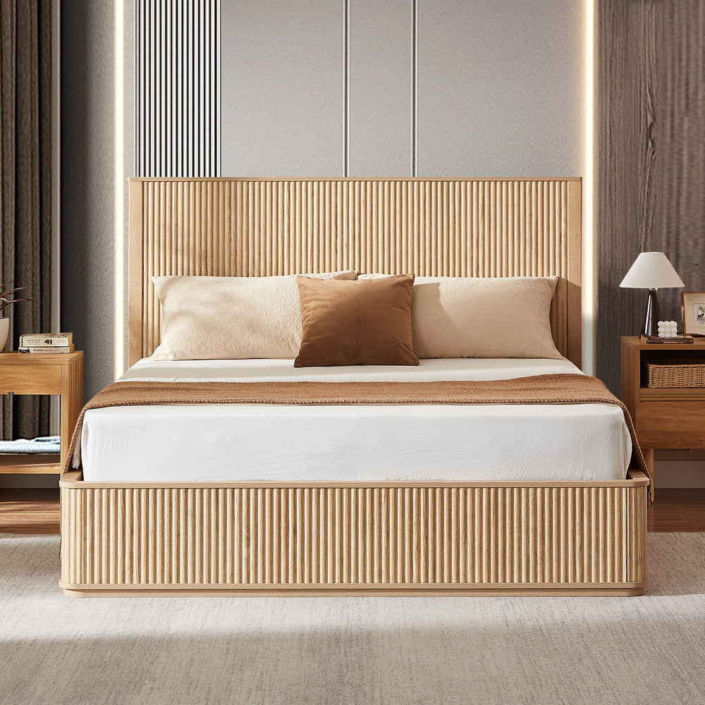 Natural oak wavy wood grain headboard platform bed frame, 44 inch high headboard large bed frame, modern minimalist style, easy assembly, no need for box springs