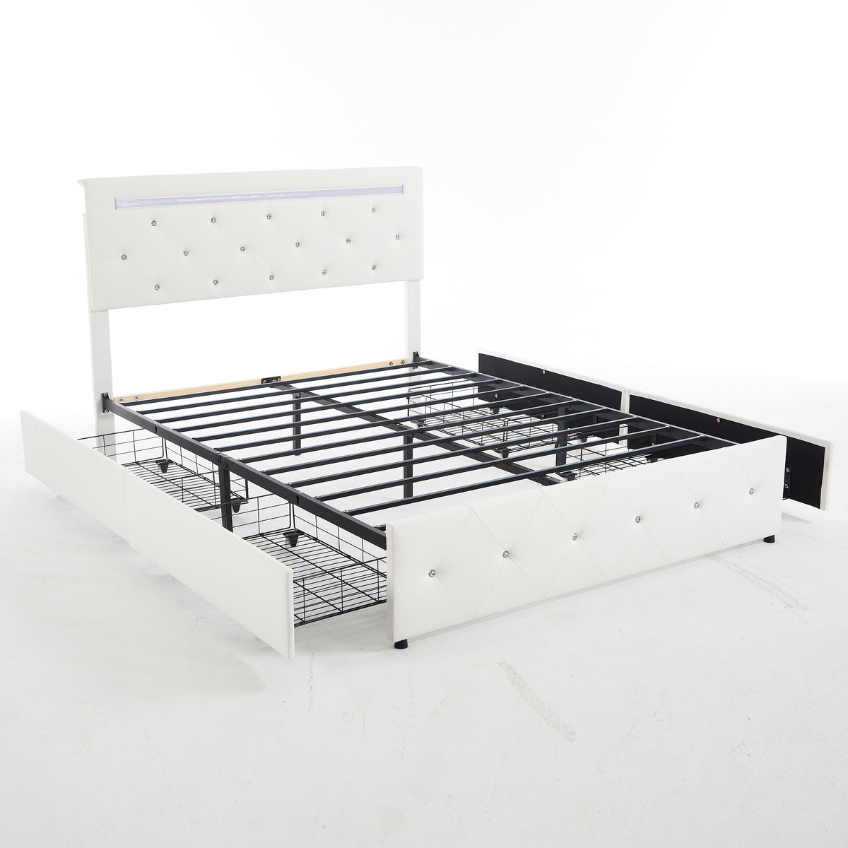 White PU Upholstered Full Size Bed Frame with LED Light, 4 Storage Drawers, Adjustable Headboard, Charging Station, Metal Frame, No Box Spring Needed