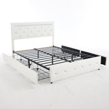 White PU Upholstered Full Size Bed Frame with LED Light, 4 Storage Drawers, Adjustable Headboard, Charging Station, Metal Frame, No Box Spring Needed