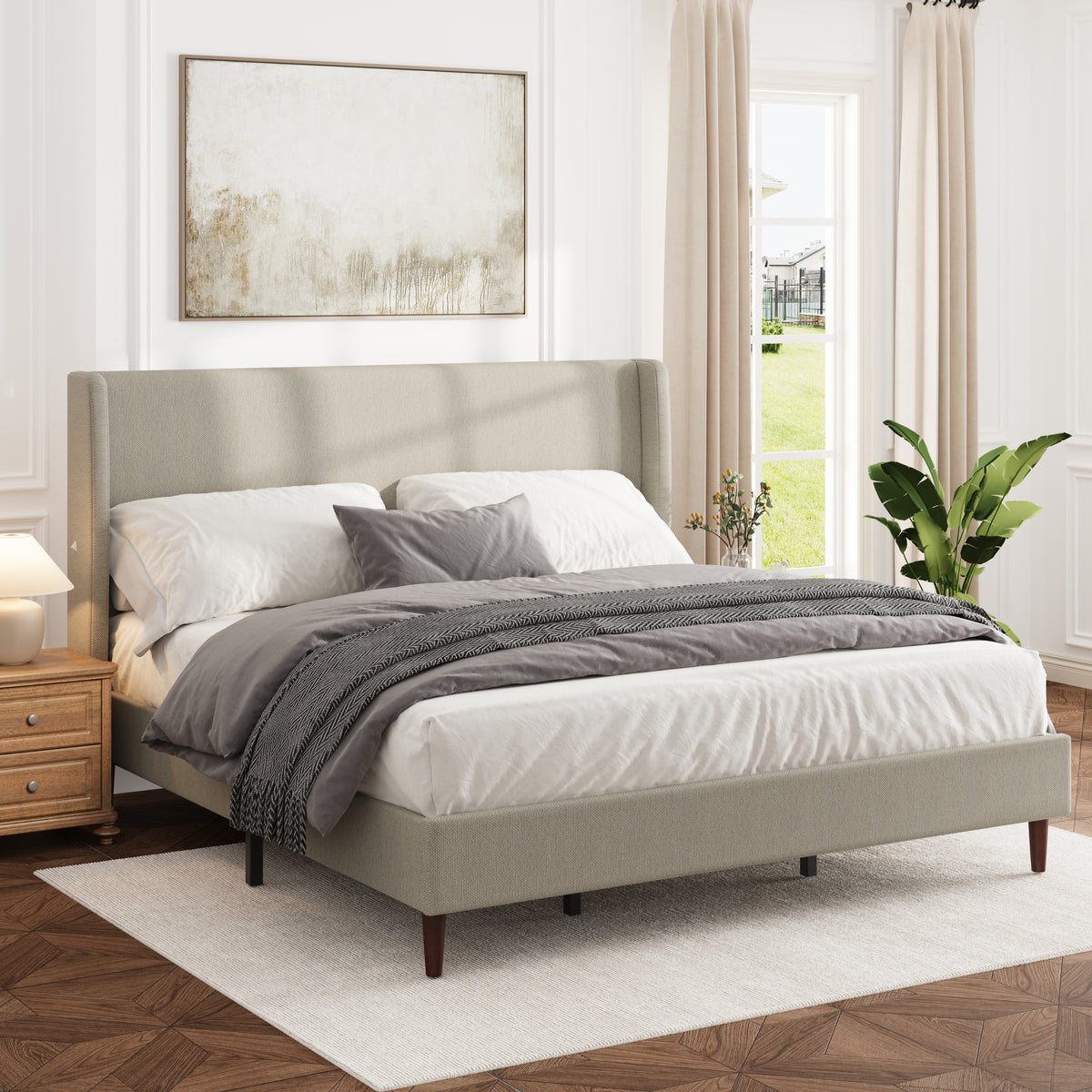 High Headboard Upholstered Bed, King Size Bed Frame, 12-Slat Support, Easy to Assemble, Beige, Linen Cloth, No Box Spring Needed