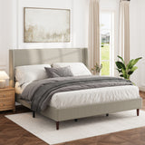 High Headboard Upholstered Bed, King Size Bed Frame, 12-Slat Support, Easy to Assemble, Beige, Linen Cloth, No Box Spring Needed