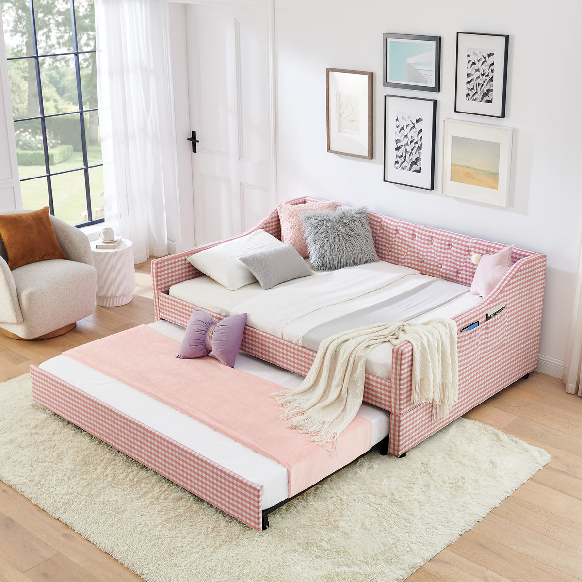 Full‑Size Daybed,Upholstered Convertible Daybed with Tufted Button Backrest, 3‑in‑1 Versatile Sofa Bed with Pull‑Out Trundle & Side Storage, Perfect for Compact Living-Pink