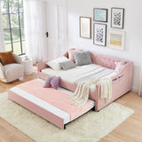 Full‑Size Daybed,Upholstered Convertible Daybed with Tufted Button Backrest, 3‑in‑1 Versatile Sofa Bed with Pull‑Out Trundle & Side Storage, Perfect for Compact Living-Pink
