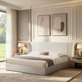 King Size Luxury Wing‑Back Upholstered Bed Frame, High Large Padded Headboard, Soft Chenille Fabric, Sturdy Solid Frame for Bedroom, Mattress Not Included-Beige