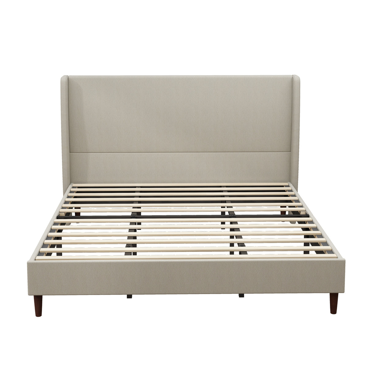 Upholstered King Bed Frame with 12-Slat Support, Beige Linen Cloth,Solid Wood Legs,No Box Spring Needed