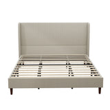 Upholstered King Bed Frame with 12-Slat Support, Beige Linen Cloth,Solid Wood Legs,No Box Spring Needed