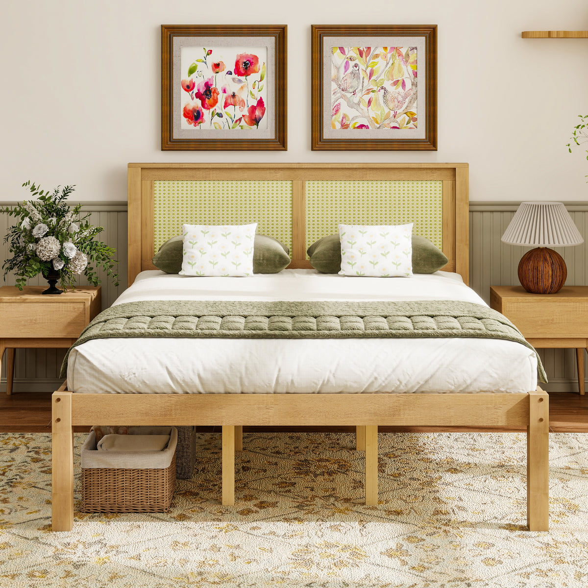 Queen Solid Wood Platform Bed with Rattan Headboard, Farmhouse Boho Bed Frame, Under Bed Storage, No Box Spring Needed, Natural Wood