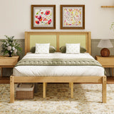 Queen Solid Wood Platform Bed with Rattan Headboard, Farmhouse Boho Bed Frame, Under Bed Storage, No Box Spring Needed, Natural Wood