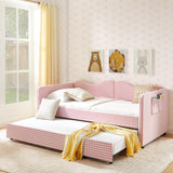 Twin‑Size Daybed,Gingham Upholstered Daybed Equipped with Pull-Out Trundle Bed Frame & Side Storage Pocket, Solid Wood Frame Multi-Functional Sofa Bed for Kids Room & Guest Bedroom-PINK