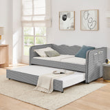 Twin‑Size Daybed, Gingham Upholstered 3‑in‑1 Versatile Convertible Sofa Bed with Pull‑Out Trundle & Side Storage Pockets, Ideal for Multiple Room Layouts and Small‑Space Living-Black